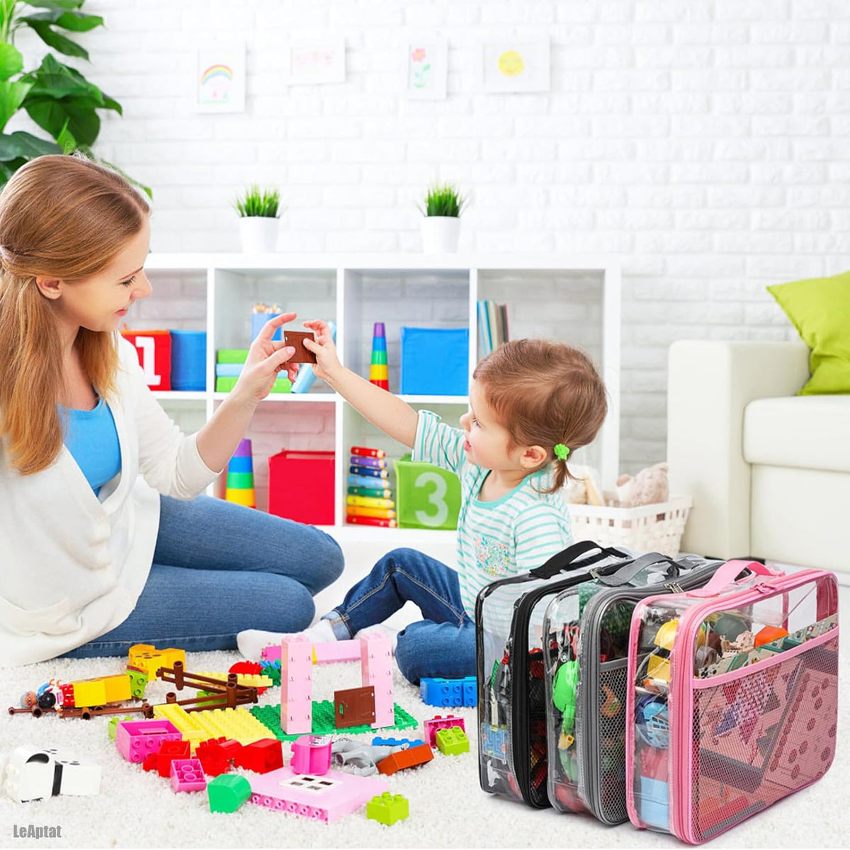 4 Pack Clear PVC Waterproof Toy Storage Bags with Name Tag Pockets - Zippered Organizer for 2x4 Building Blocks, Puzzles, Travel Toiletries, Kids Room Organization (Gray, Small)