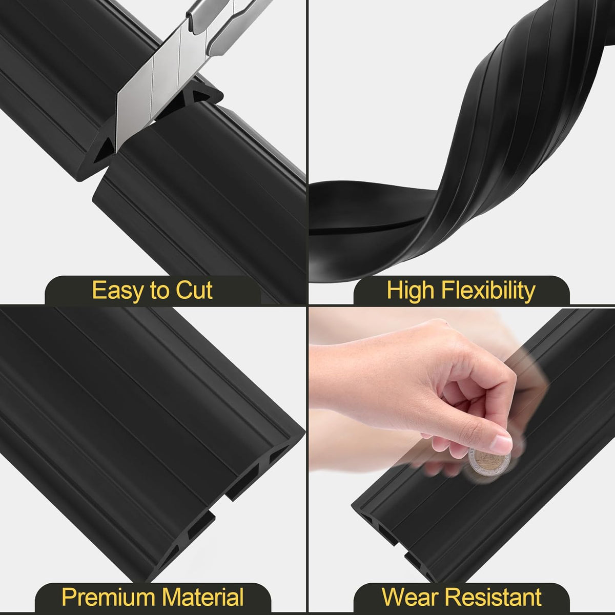 MYFAMIREA 20FT Floor Cord Cover Heavy Duty Cable Cover Protector 3 Channels Extension PVC Floor Wire Cover Outdoor Cord Hider Management Cord Cover for Wire on Floor Home Outdoor (2PCS 10FT, Black)