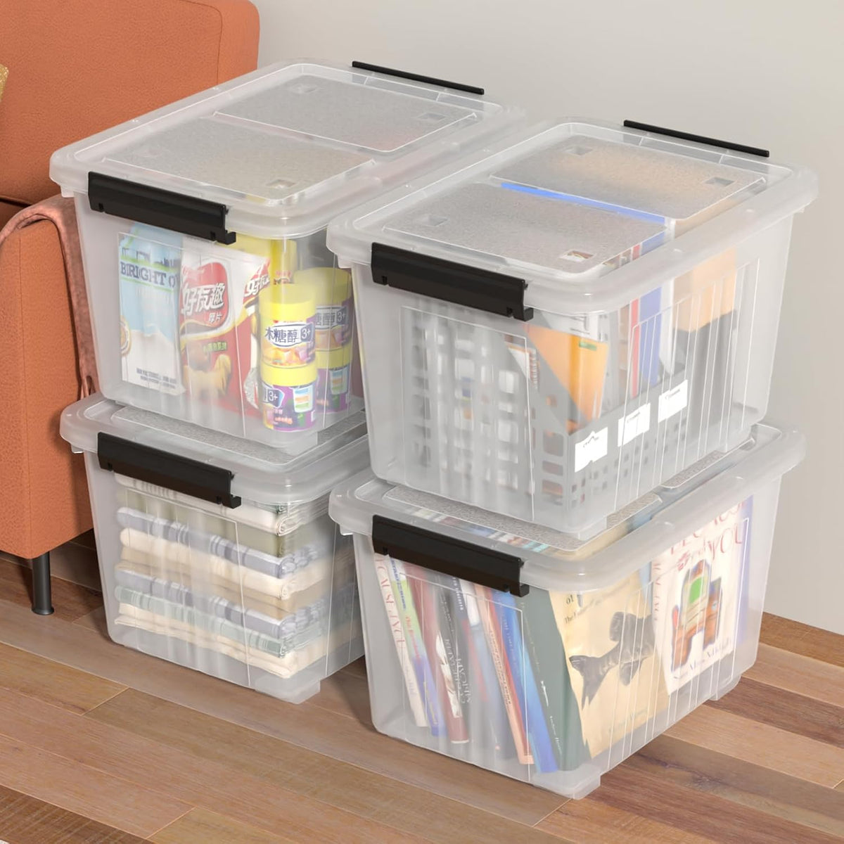 Obstnny 50 L Clear Plastic Storage Bins with Wheels, Large Lidded Organizer Boxes, 4 Pack