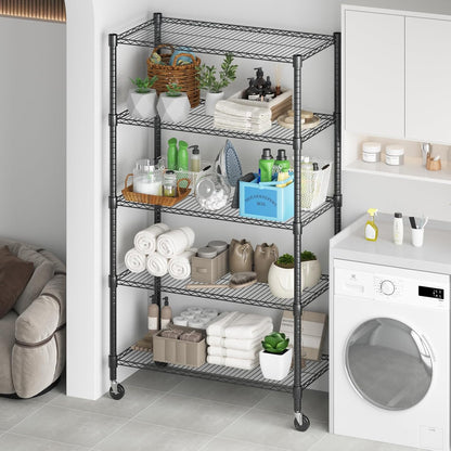 Himimi 5-Tier Heavy Duty Steel Wire Rack Storage Shelving, Adjustable Metal Storage Shelves with Wheels, 82''H Wire Shelf for Kitchen Garage Basement Pantry Organization, 18" D×36" W×82" H-Black