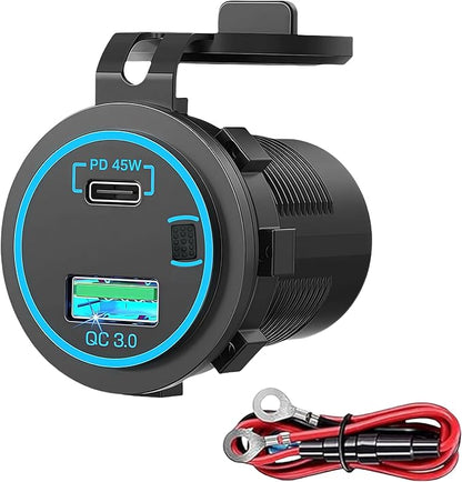 45W PD & 18W QC3.0 USB Laptop Car Charger Power Socket, Marine Type-C/USB C Port Fast Charging Adapter, 12V USB Power Outlet with ON/Off Switch Button Waterproof Cover for Boat RV Truck Golf (Blue)