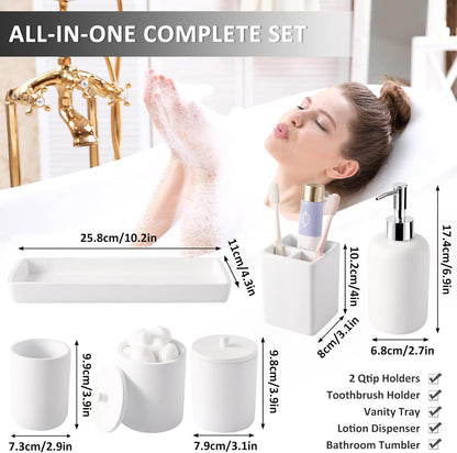 Resin 6 Pcs White Bathroom Set Complete with Toothbrush Holder, Lotion Soap Dispenser, 2 Qtip Holder Dispensers,Vanity Tray,Bathroom Tumbler - Countertop Vanity Organizer - Bathroom Accessories Set