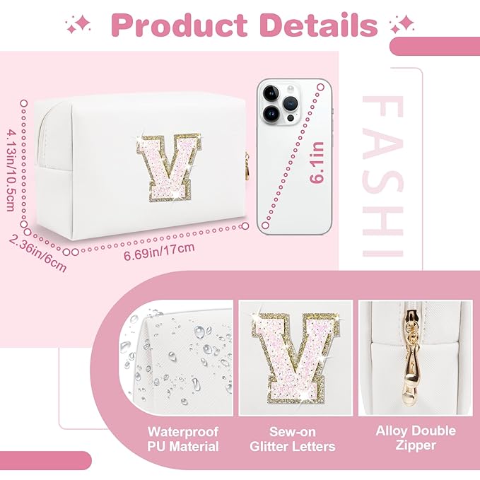 Small Initial Patch Makeup Bag Personalized Gifts Make Up Bag,White Cute PU Leather Glitter Letter Cosmetic Bag with Zipper,Trendy Portable Travel Toiletry Pouch,Preppy Stuff for Teen Girls Women V