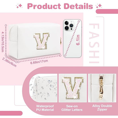 Small Initial Patch Makeup Bag Personalized Gifts Make Up Bag,White Cute PU Leather Glitter Letter Cosmetic Bag with Zipper,Trendy Portable Travel Toiletry Pouch,Preppy Stuff for Teen Girls Women V