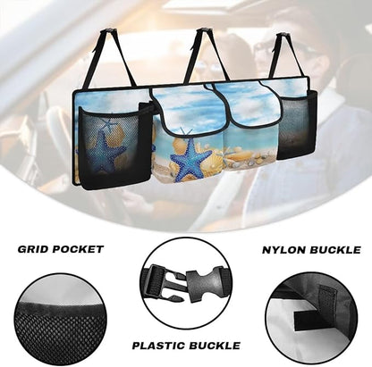 Foldable Car Backseat Trunk Organizer Beach Starfish Conch Collapsible Cargo Bag for SUVs&Sedans Auto Hanging Seat Back Storage