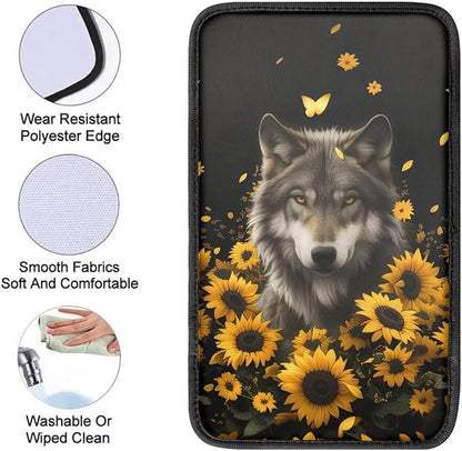 Wolf Sunflower Print Car Center Console Armrest Cover Scratch Proof Neoprene Armrest Cover Pad for Truck Sedan SUV, Universal Car Interior Decor Accessories