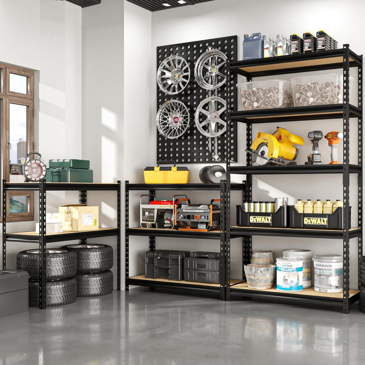 60" H x28 W x12 D Father&I 5-Shelf-Rack Shelves Industrial Metal Steel Garage/Kitchen Storage Heavy-Duty Adjustable Tall Shelving Units Organizer for Closet/Pantry/Attic/Laundry, Black