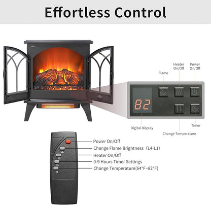 24" Electric Fireplace, Freestanding Fireplace Heater w/Realistic Flame