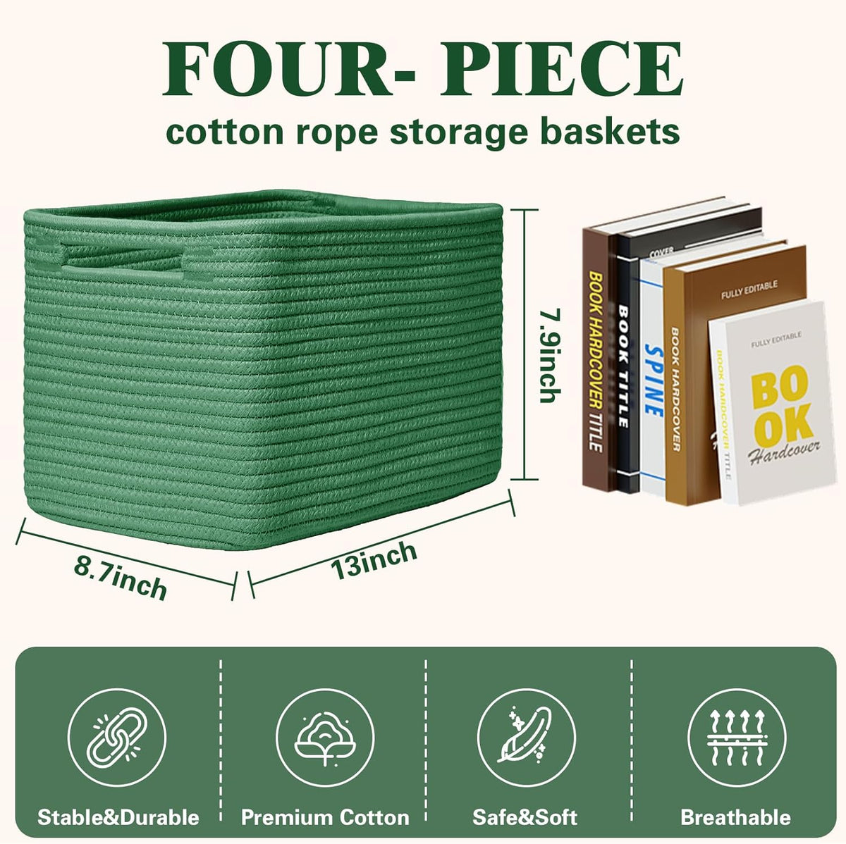 Storage Baskets for Organizing, 4 Pack Storage Baskets for Shelves, Woven Basket for Shelves, Closet Organization, Rectangle Organizer Basket Gifts Empty, 13"Lx8.7"Wx7.9"H Decorative Bins with Handles