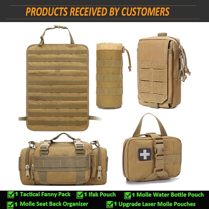 Molle Tactical Seat Back Organizer Panel with Pouches, Universal Fit For Vehicle Car, Khaki