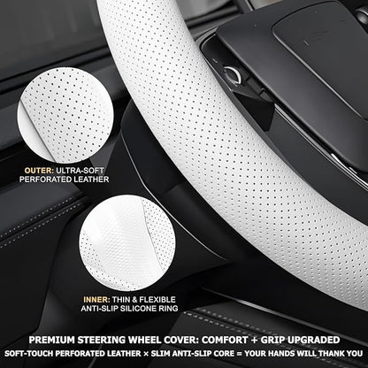 Microfiber Leather Universal 14.5-15 inch Steering Wheel Cover,Easy to Install Non-Slip Breathable Steering Wheel Protector White