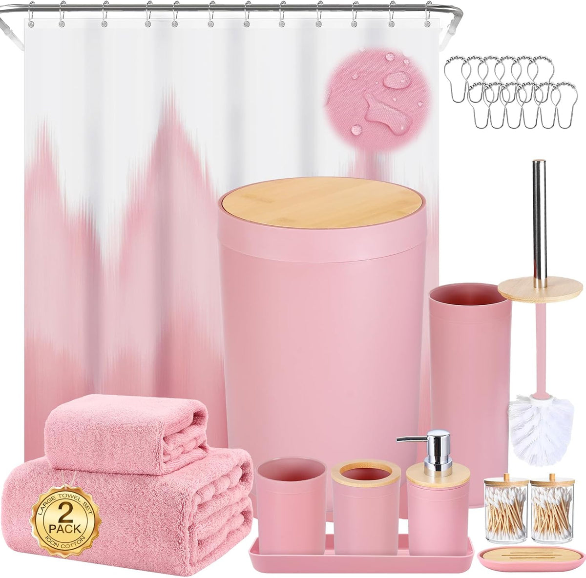 iMucci Bathroom Accessories Bathroom Sets with Shower Curtain, Bath Towel Set, Trash Can, Toilet Brush, Soap Dispenser, Bathroom Accessories Set Complete