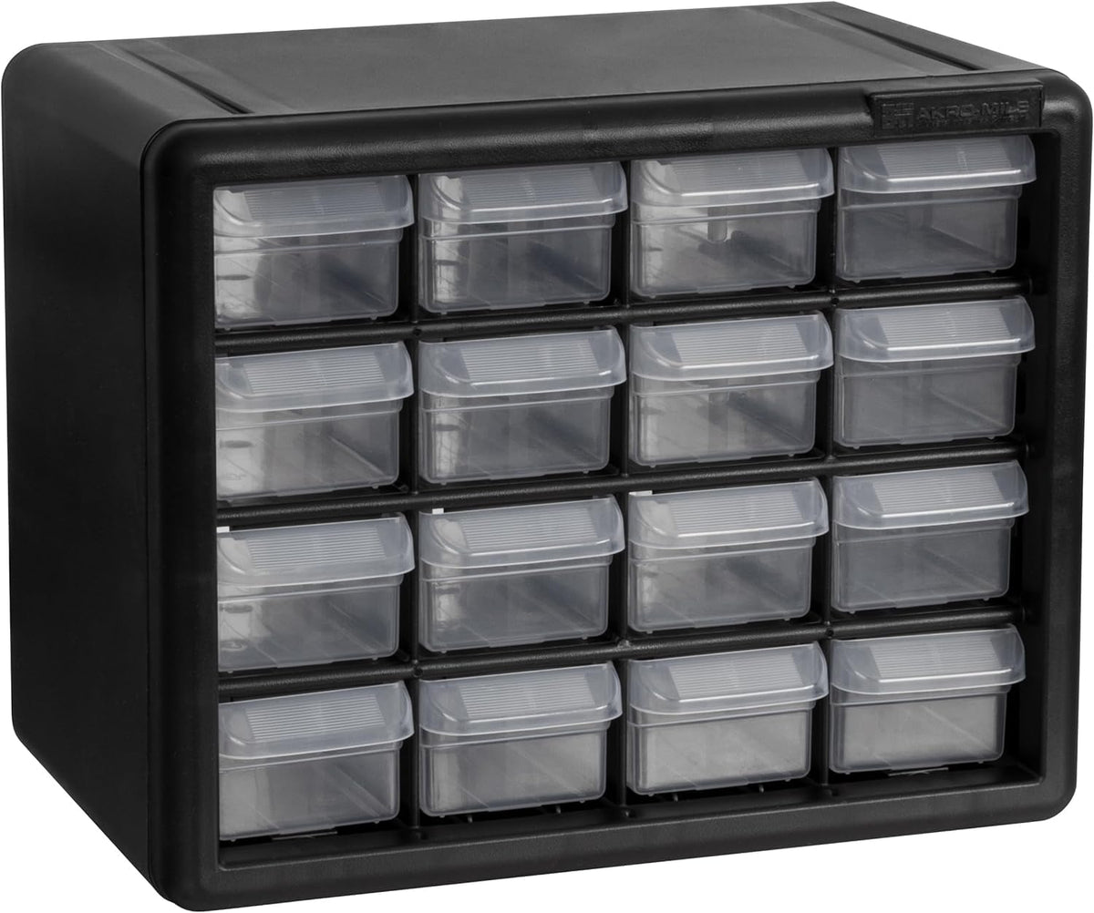 Akro-Mils 16-Drawer Plastic Drawer Storage Cabinet for Garage Organization, Beads, Makeup Organizer, Building Bricks Storage, Teacher Toolbox, 10-1/2" W x 6-1/2" D x 8-1/2" H, 10116 Black