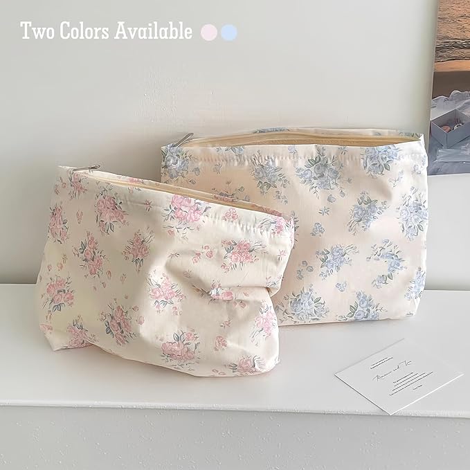 STARDW Aesthetic Floral Makeup Bag Cute Small Cosmetic Bags for Women Girls, Travel Toiletry Bag Large Capacity Zipper Makeup Pouch, Purse Organizer Pouches (Flowers Blue)