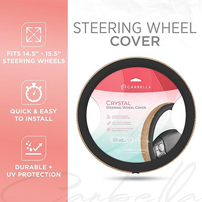 Carbella Leatherette Crystal Bling Steering Wheel Cover for Car SUV, Glitter Sparkle Rhinestone Cute Car Accessories for Women Universal Fit Standard Size (Fits 14.5"-15") - Black w/ Gold Bling