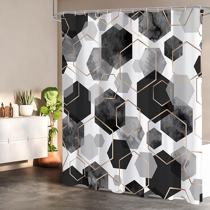 Litabel Black and Grey Modern Shower Curtain for Bathroom, Geometric Art Decor Waterproof Bath Curtain, Abstract Fabric Shower Curtain Sets for Home Decor, 72x72 Inch