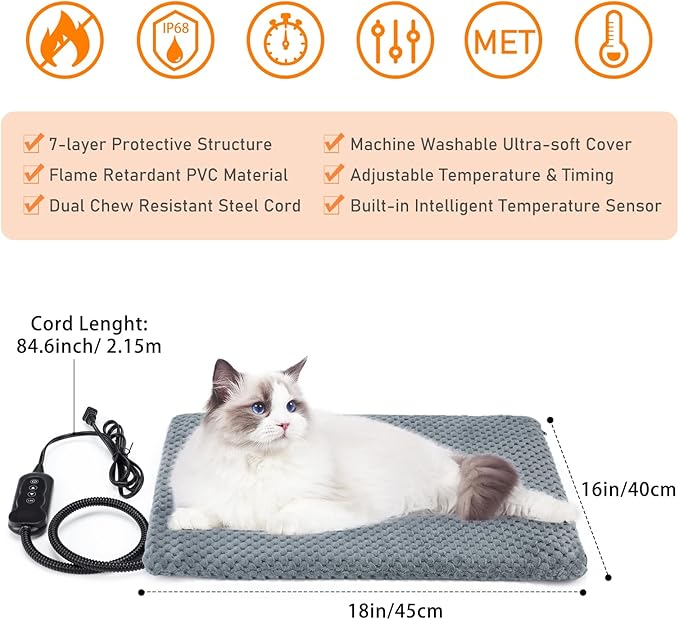 INVENHO Heated Cat Bed, Waterproof Adjustable Temperature Dog Cat Heating Pad with Timer, Indoor Pet Heating Pad for Cats Dogs Electric Pads for Dogs Cats, Pet Heated Pad (S: 18" x 16")