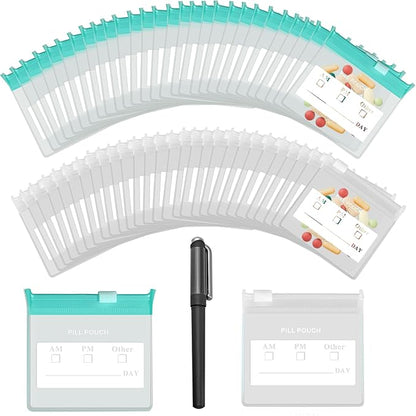 36 Packs Color Pill Pouch Bags 12mil 3 x 2.75 Inch bpa-Free, Frosted Clear EVA Materials, Heavy-Duty Thick Plastic Bags for Travel Medicine Organizer, Jewelry, Small Craft Pieces-Clear+Green