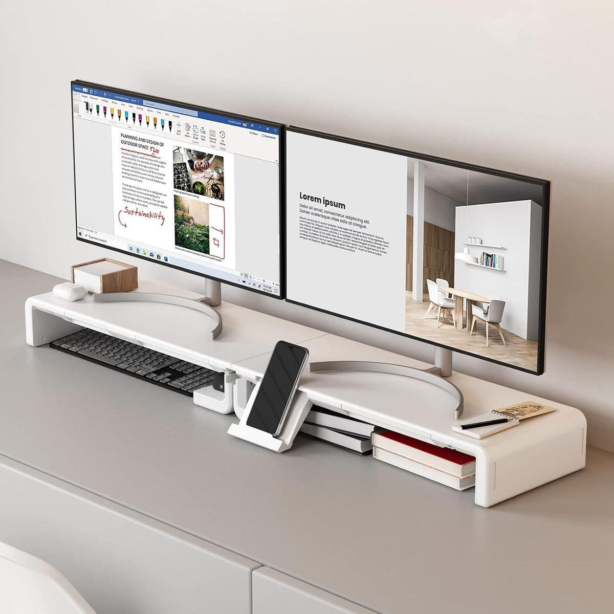 Monitor Stand Riser, Klearlook Foldable Computer Monitor Riser, Height Adjustable Computer Stand, Desk Shelf Riser with Storage Drawer & Tablet Phone Stand for Computer, Desktop, Laptop (White 2 Pack)