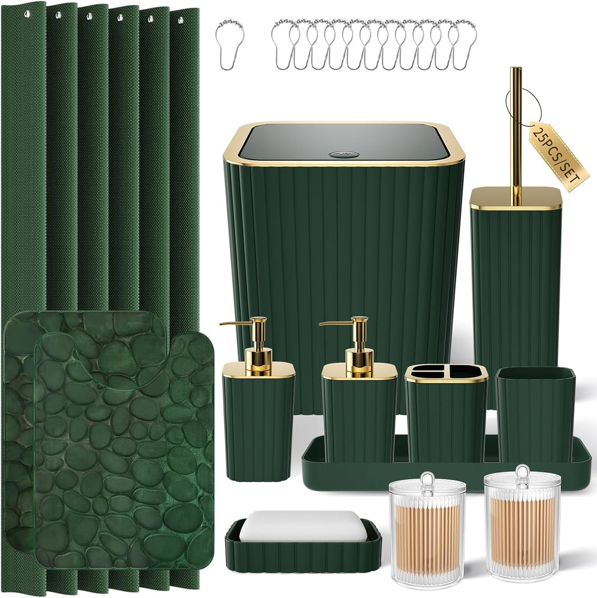 Bathroom Accessory Set - 25PC Green Bathroom Sets, Bathroom Set with Shower Curtain and Rugs, Dark Green Shower Curtain Set, Trash Can, Qtip Holder Dispenser & Soap Dispenser