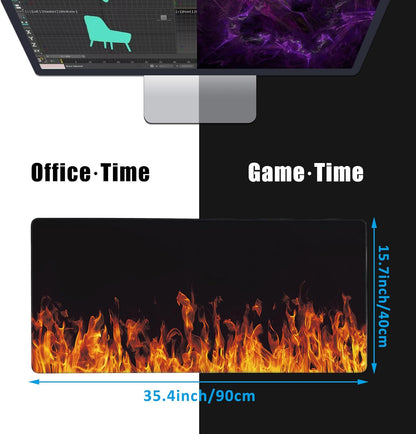 Fire Flames Large Gaming Mouse Pad,Waterproof Desk Mat for Desktop,Non-Slip Rubber Base Mousepad with Stitched Edges for Laptop Office and Home 35.4X15.7 Inch