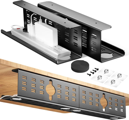 2 Pack Cable Management Under Desk Black, Cinati 32" Large Cable Management Tray, Under Desk Alloy Steel Wire Organizers, Cord Hider Tray for Office and Home - Tape or Screw Installation