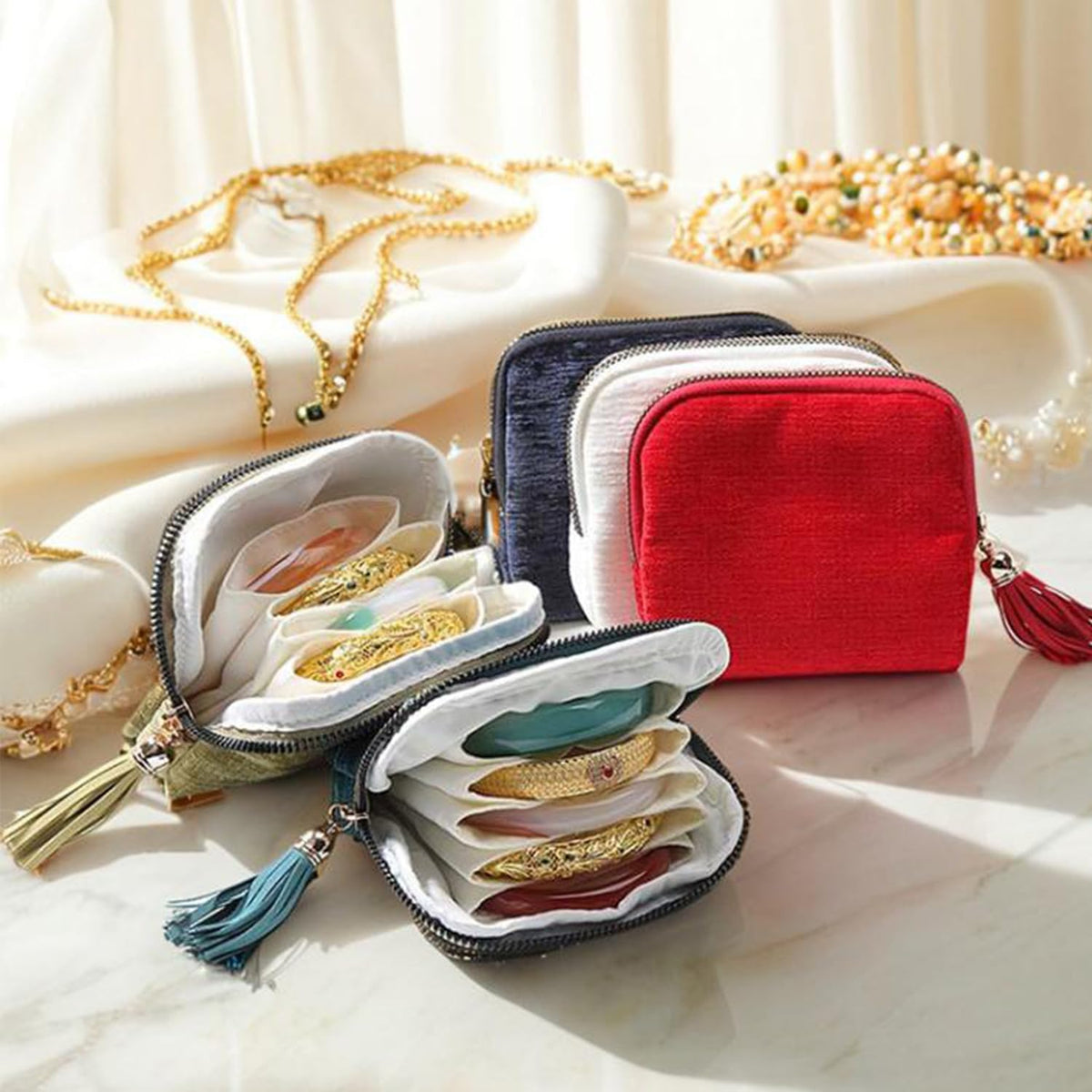 Travel Jewelry Case, Portable Jewelry Storage Bag, Compact Foldable Five Compartments Organizer Pouch with Zipper & Tassel for Earring Necklace Ring Bracelet (2pcs-A)