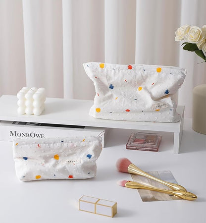 getgto 2 Pcs Makeup Bags, Large Cosmetic Bag Travel Toiletry Bag Organizer for Women, Embroidery Craft, Floral Makeup Bag Small Cosmetic Pouch Purse with Zipper, Gifts for Girls Teen (Colorful Dots)