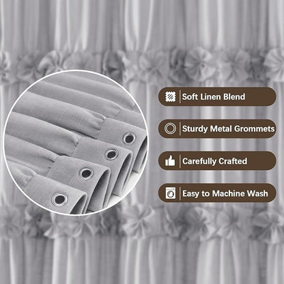XOGUIBO Linen Ruffle Shower Curtain with Handmade Bow Tie, Vintage Farmhouse Shower Curtain for Bathroom, Grey 72" W x 72" H
