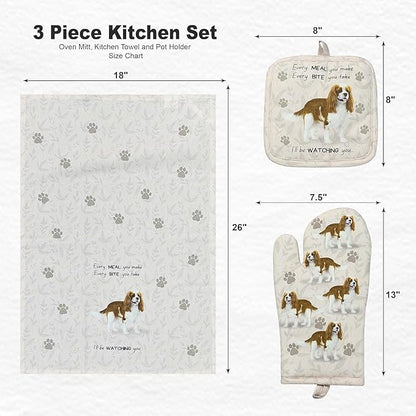 King Charles Cavalier 3-Piece Kitchen Set - Oven Mitt, Pot Holder & Kitchen Towel Set, Heat Resistant up to 420 F, Soft Quilted Cotton for Cooking, Baking, BBQ, Pet Lover Gifts (King Charles Cavalier)