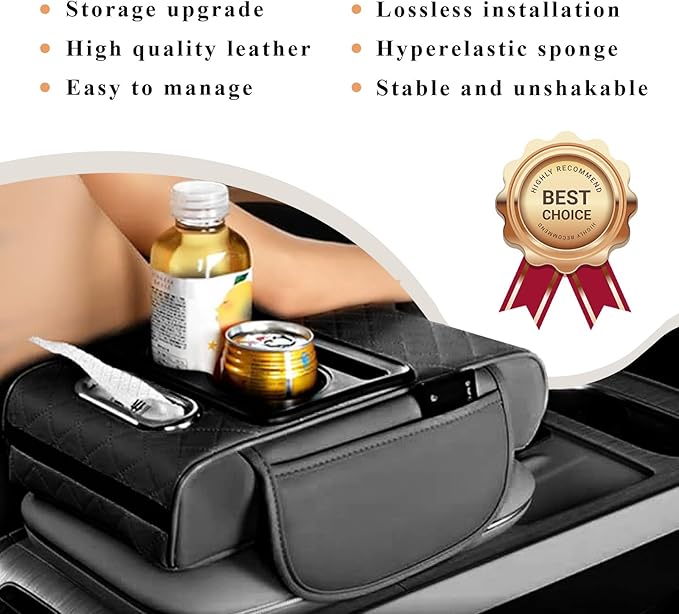 Car arm Rest Cover Pad, 5-in-1 Center Console Cover with Cup Holder, Tissue Box Slot, Mobile Phone Storage Slot, Suitable for Most Car Console Organizer, 13.8''x7.1''x3.0'', (Black)