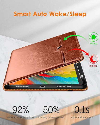 DTTO for iPad Pro 13 Inch Case (M5/M4) 2025/2024, Premium Leather Business Folio Stand Cover with Pencil Holder - Auto Wake/Sleep & Multiple Viewing Angles, Built in Hand Strap & Pocket, Brown