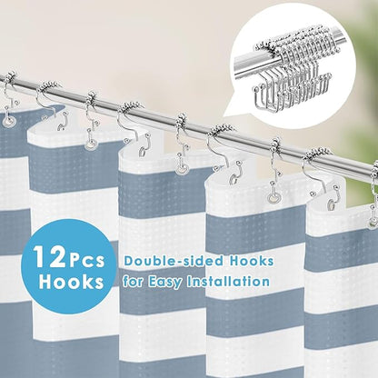 Nesphy Shower Curtain and Liner, Blue Striped 3 in 1 Shower Curtain and PEVA Liner Set with 12 Rust-Resistant Metal Hooks, Waterproof Fabric Shower Curtains for Bathroom, 72 W x 72 H