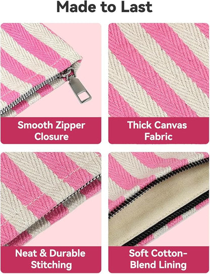 2 Pcs Makeup Bag Set, Women Gifts, Travel Cosmetic Bags, Canvas Make up Bag for Purse, Pink Striped Makeup Pouch with Zipper Lining, Cosmetic Storage Car Organizer, Portable Large & Small Toiletry