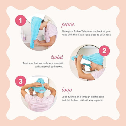 Turbie Twist 3-Pack Microfiber Hair Towel for Beauty, Travel, Gifting - Hair Wrap Turban for Straight, Wavy & Curly Hair - Premium Personal Care - Gray, Blue & Pink