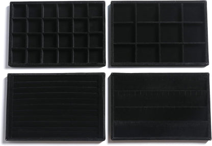 Frebeauty Stackable Velvet Jewelry Organizer Trays for Drawers Inserts Jewelry Storage Tray Display Case Stud Earrings Bracelets Necklace Rings Accessories Trays for Women Girl(Set of 4)(Black).