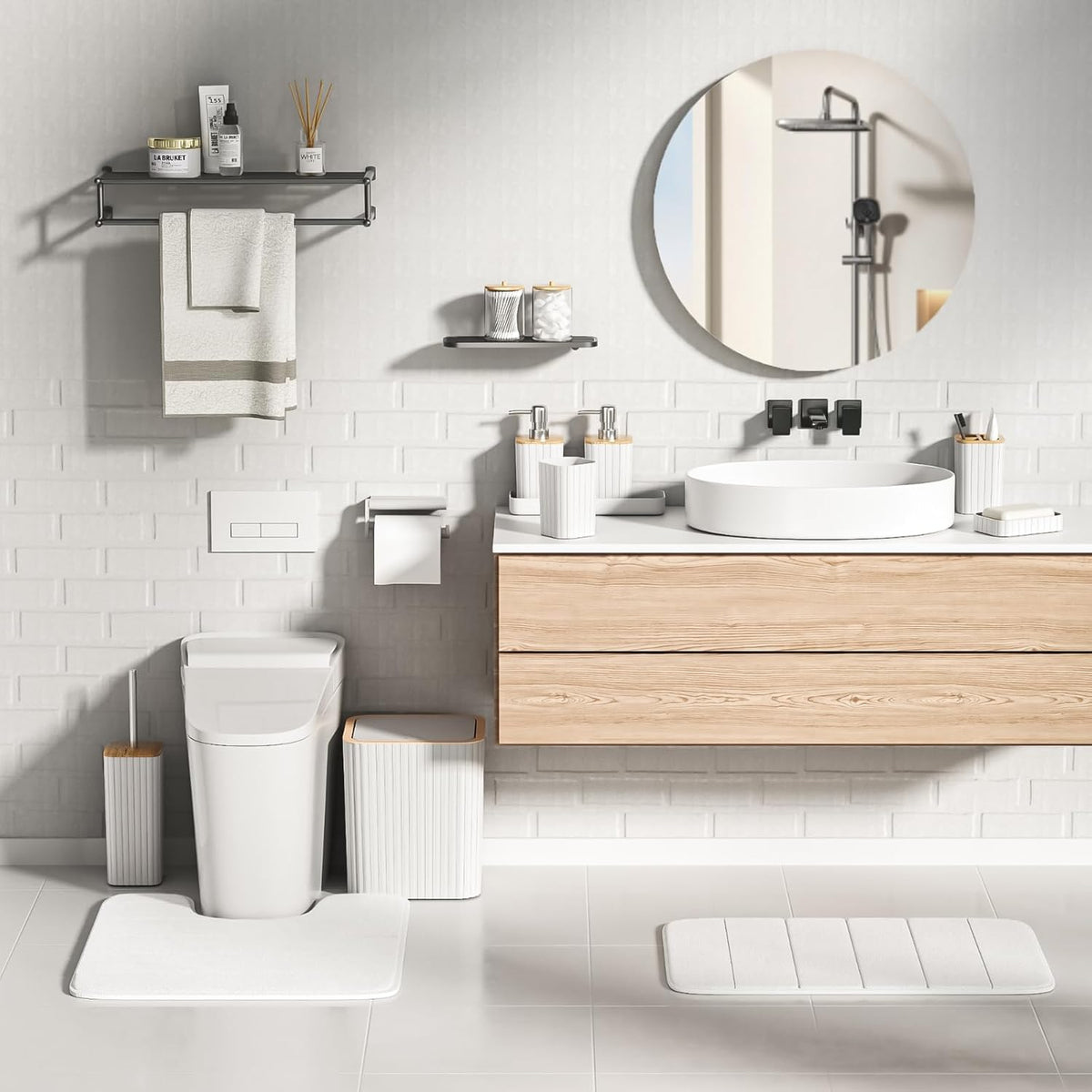 Bathroom Set - 25PC White Bathroom Set with Shower Curtain and Rugs, Bathroom Accessories Set, White Shower Curtain Set with Bathroom Trash Can