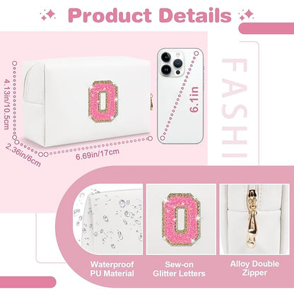 Small Personalized Initial A-Z Patch Makeup Bag,White Cute PU Leather Glitter Letter Cosmetic Bag for Teen Girls,Travel Toiletry Bag with Zipper,Preppy Monogrammed Birthday Gift for Daughter Niece O
