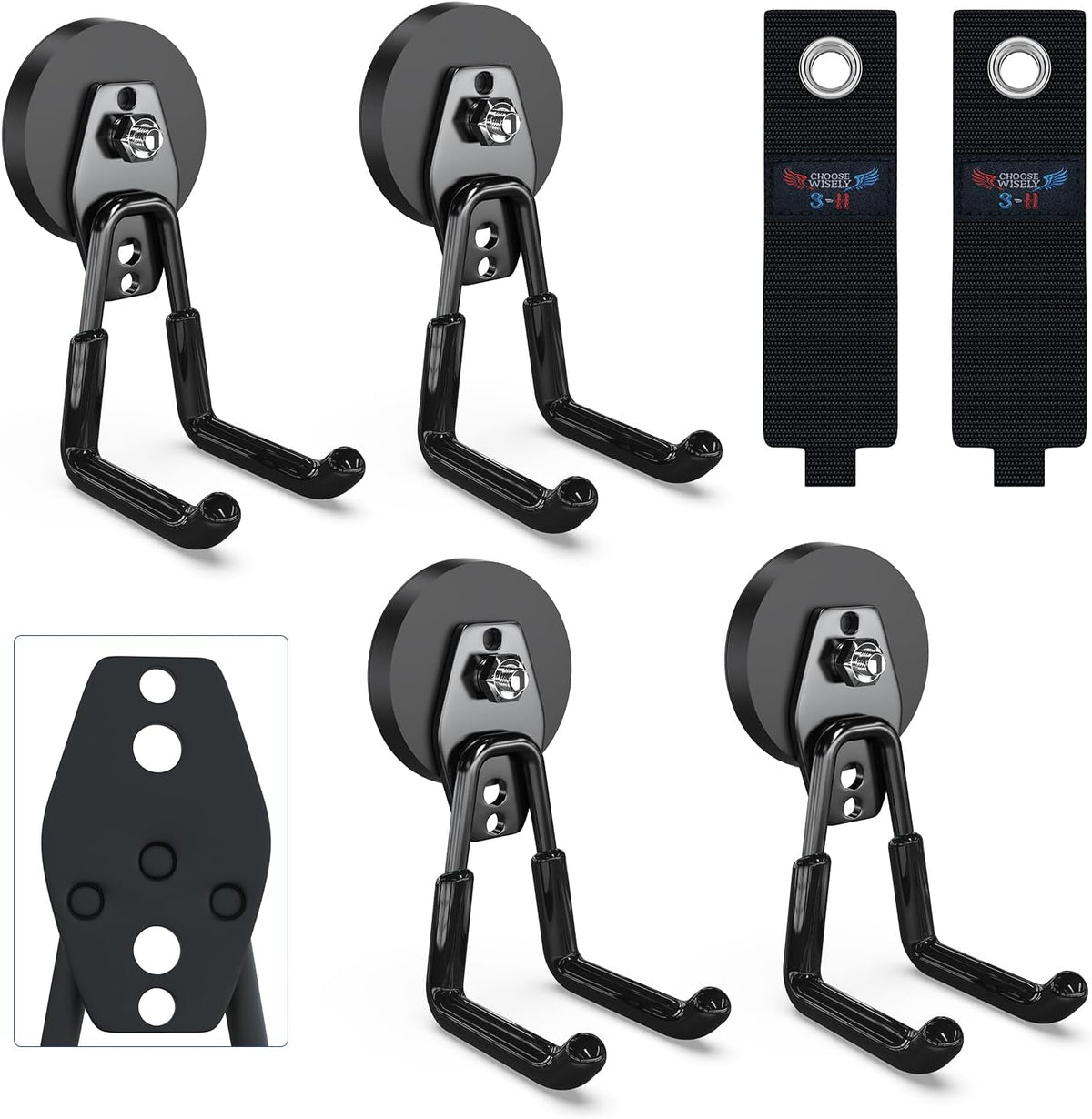 3-H Heavy Duty Magnet Garage Hooks 4 Pack, Large Strong Magnetic Hooks for Hanging Cordless Power Drill, Utility Magnetic Tool Holder for Metal Cabinet, Steel Pegboard, Toolbox, Garage(Black)