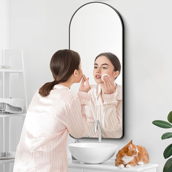 Arched Bathroom Mirror, Wall Mounted Mirror, Vanity Wall Mirror w/Metal Frame
