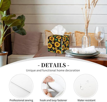 POIUBLE Sunflower Tissue Box Cover Leather Tissue Box Holder Square Facial Paper Organizer Dispenser for Bathroom Kitchen Bedroom Vanity Countertop Night Stands