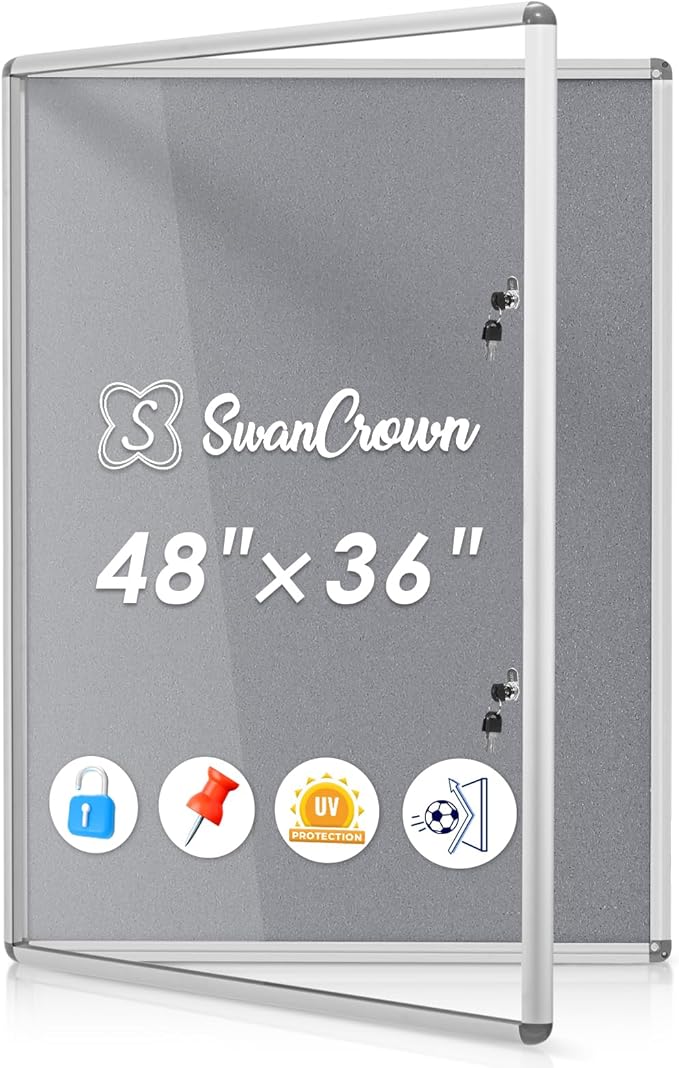 SWANCROWN Enclosed Bulletin Board 48x36in, Tamperproof Lockable Grey Felt Board