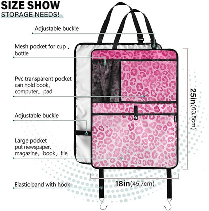 1 Pack Back Seat Car Organizer with Storage Pockets Kick Mats Back Seat Protector Hanging Car Organizer Automotive Seat Back Cover Organizers Gradient Pink Leopard Print