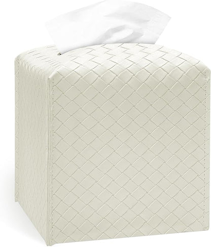 Tissue Box Cover Holder, PU Leather Tissue Box Cover with Braided Pattern, Square Tissue Holder with Bottom Belt, Modern Organizer for Bathroom, Car, Office, Tabletop (White., 12 Braided Patterns)