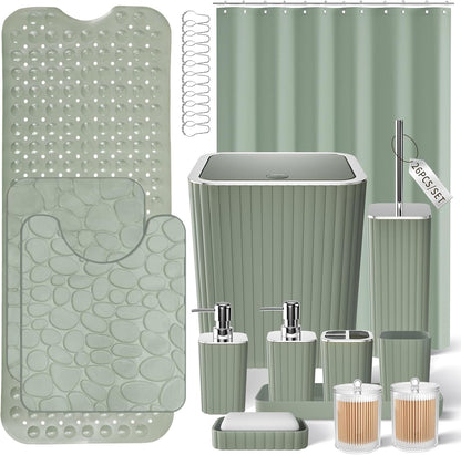 26PC Bathroom Accessories Set - Gorgeous Bathroom Set, Sage Green Bathroom Accessory Set, Shower Curtain Set with Bathtub Mats for Shower Tub, Trash Can & Soap Dispenser