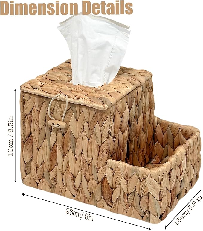PINXIURY Water Hyacinth Tissue Box Cover Square, Tissue Box Holder, Tissue Box with Remote Organizer, Bedside Organizer, Remote Holder for Bedroom, Livingroom, Office