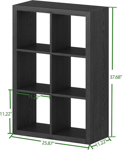 Bookshelf with Storage Bin, 6-Cube Storage Organizer, Modern Wood Open Bookcase, Multifunctional Display Shelf for Living Room, Bedroom, Home Office, Black