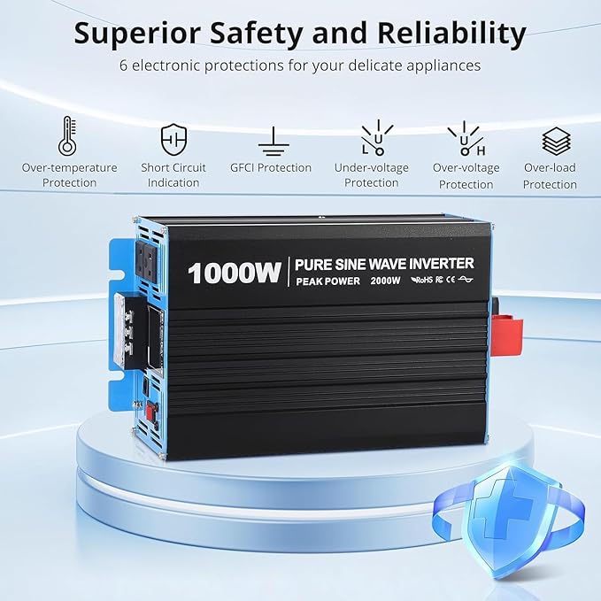 1000W Pure Sine Wave Inverter, 1 USB Port 5v/2.1a, LCD Display&Remote Controller
