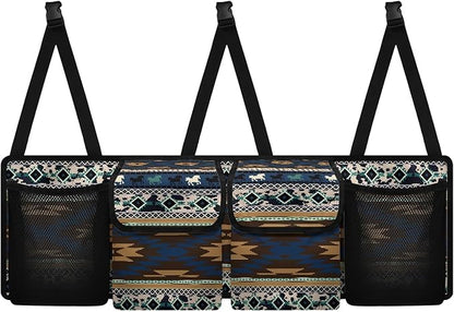 CLOHOMIN Aztec Ethnic Horse Backseat Car Organizer Hanging Cargo Storage Organizer with 4 Pockets Blue Car Seatback Organizer for Most Vehicle Car Interior Accessories