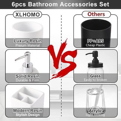 Resin 6 Pcs White Bathroom Set Complete with Toothbrush Holder, Lotion Soap Dispenser, 2 Qtip Holder Dispensers,Vanity Tray,Bathroom Tumbler - Countertop Vanity Organizer - Bathroom Accessories Set